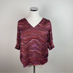 Rachel Zoe Brown Red Blue Geometric Retro Print Blouse Top Women Medium